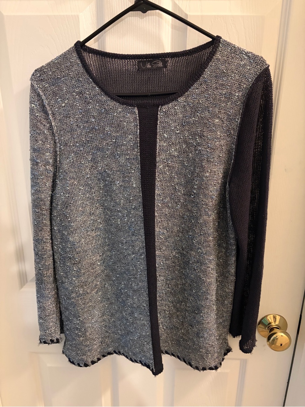 Villa Soldi Heathered Gray Open-Front Cardigan with Navy Trim